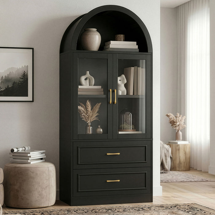 Arched Top Storage Cabinet With Fixed 2 Tier Shelves, 2 Large Drawers Noble House