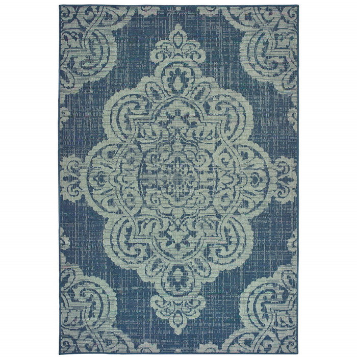 9' X 13' Oriental Stain Resistant Indoor / Outdoor Area Rug - Blue