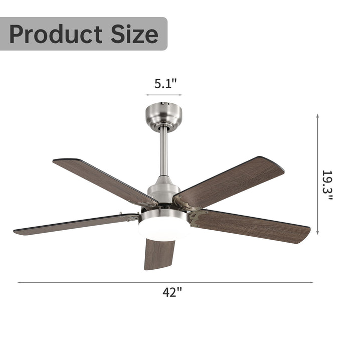 42" Ceiling Fan With Reversible DC Motor, LED Light, 5 Blade Design - Nickel Daily Nest