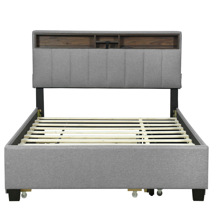 Upholstered Platform Bed With Storage Headboard, Trundle & 2 Drawers And A Set Of Sockets & USB Ports