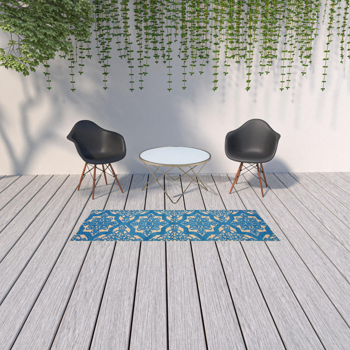 2' X 8' Oriental Stain Resistant Outdoor / Indoor Area Rug - Blue / Beige