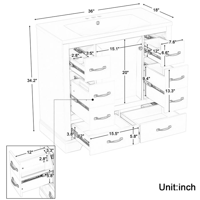 Modern Bathroom Vanity With Sink, 6 Drawers, Adjustable Shelf Hearth and Haven