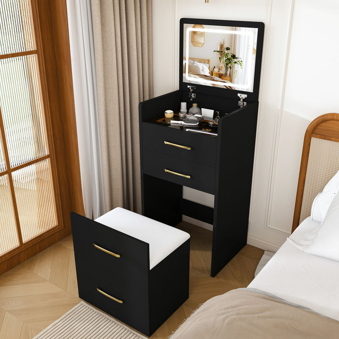 3 In 1 Vanity Desk With Open Top Mirror, Glass Desktop Makeup Set With 3 Drawers, Compact Dressing Table For Bedroom - Black Home Essentials