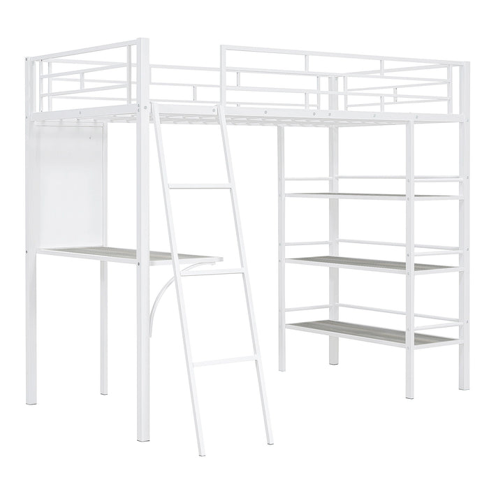 Loft Metal Bed With 3 Layers Of Shelves And Desk, Stylish Metal Frame Bed With board