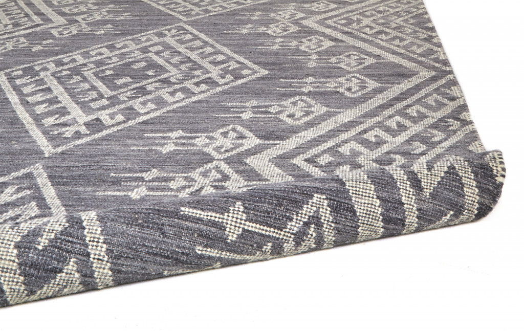 Geometric Dhurrie Flatweave Handmade Area Rug With Fringe - Gray Ivory And Blue Wool - 10' X 14'