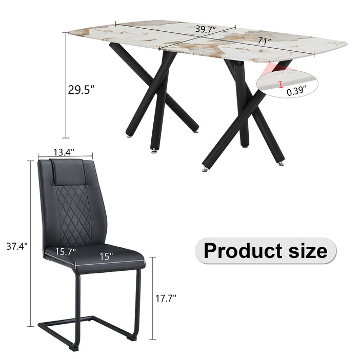 1 Table And 6 Chairs Set, Rectangular Dining Table With Imitation Marble Tabletop And Black Metal Legs, Paired With 6 Chairs With PU Leather Seat Cushion And Black Metal Legs - Glass / Metal