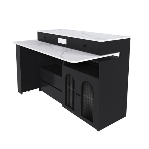 Kitchen Island With Extendable Rotating Table, 4 Drawers & Glass Door Cabinets, Built In Socket - Black Home Essentials