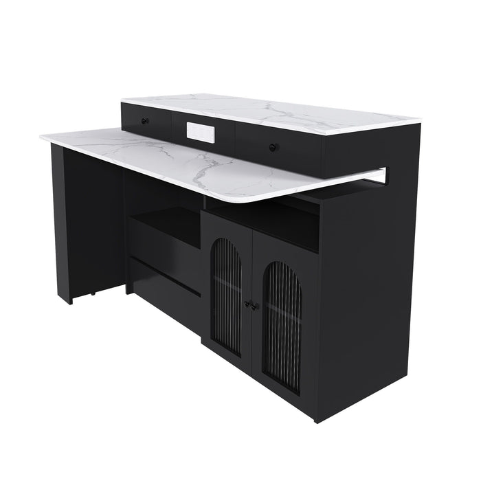 Kitchen Island With Extendable Rotating Table, 4 Drawers & Glass Door Cabinets, Built In Socket - Black