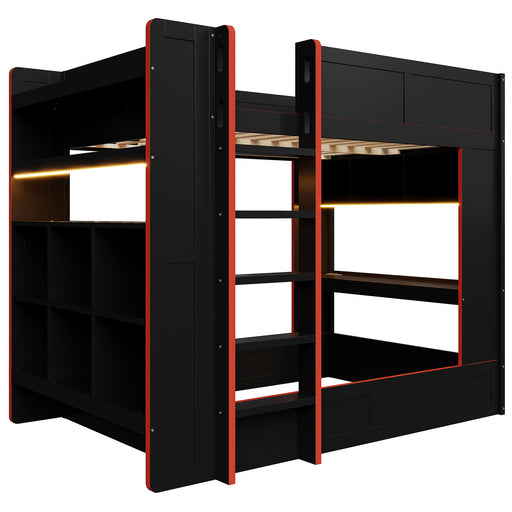 Full Size Gaming Bunk Bed With Desk, Storage Shelves, LED And Charging Station - Black Hearth and Haven