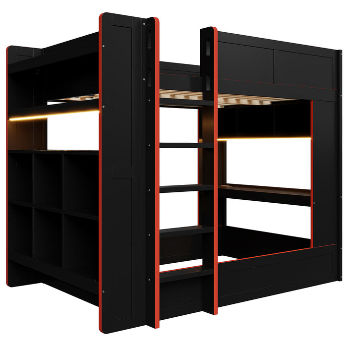 Full Size Gaming Bunk Bed With Desk, Storage Shelves, LED And Charging Station - Black Hearth and Haven