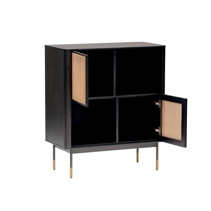 Wood And Wicker Accent Cabinet - Black / Beige