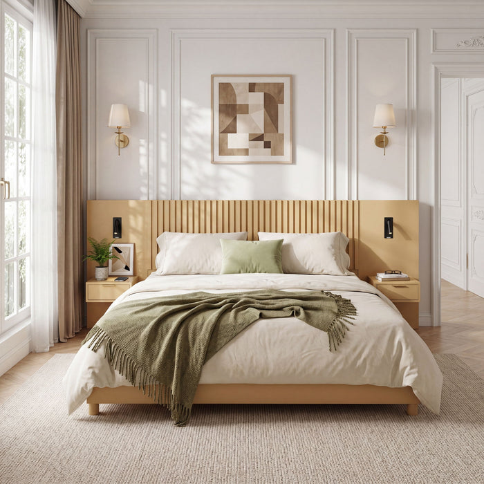 Platform Bed Frame With Built In Nightstands & Reading Lights Noble House