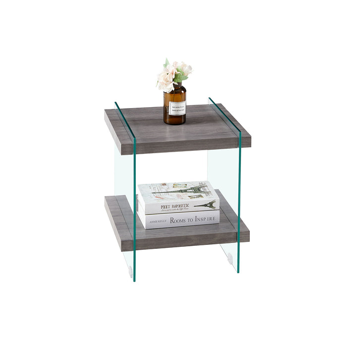 Sleek And Sturdy Tempered Glass Leg Side Table With Dual MDF Shelves, Modern Nightstand End Table For Living Roon, Bedroom - Transparent / Gray