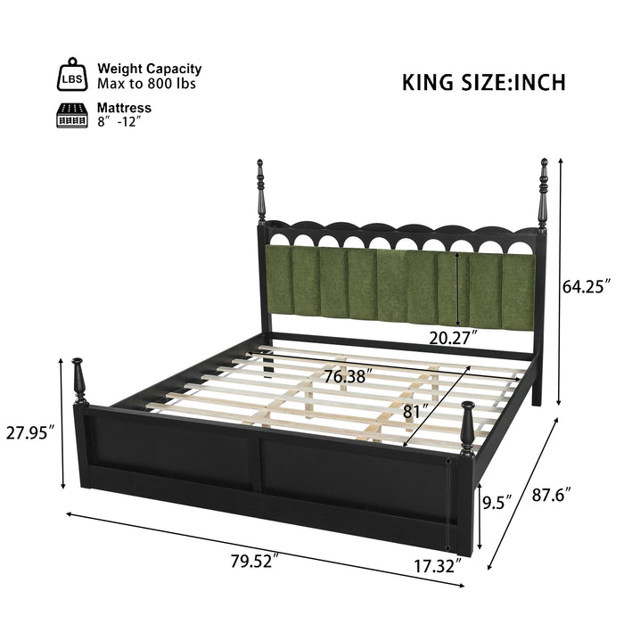 Platform Bed Frame With Tufted Upholstered Scallop Headboard Noble House