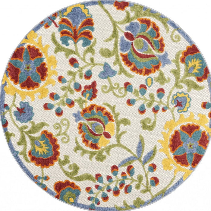 4' Round Round Floral Outdoor & Indoor Area Rug - Green / Ivory