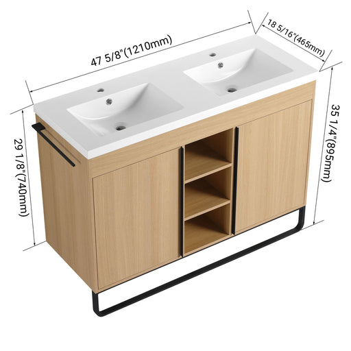 48" Freestanding Bathroom Vanity With Double Sink, 2 Soft Close Doors & 3 Open Shelves - Oak Home Essentials
