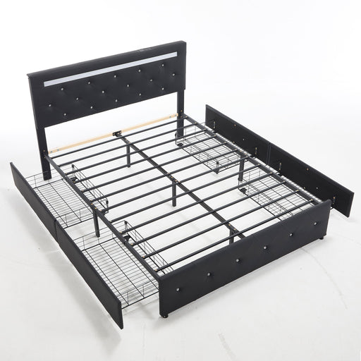 Upholstered Bed Frame With LED Lights, 4 Storage Drawers, Charging Station Home Essentials