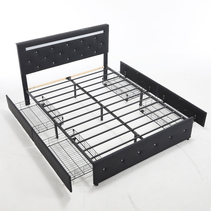 Upholstered Bed Frame With LED Lights, 4 Storage Drawers, Charging Station Home Essentials