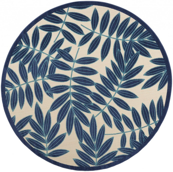 8' Round Round Floral Stain Resistant Indoor / Outdoor Area Rug - Blue / Ivory