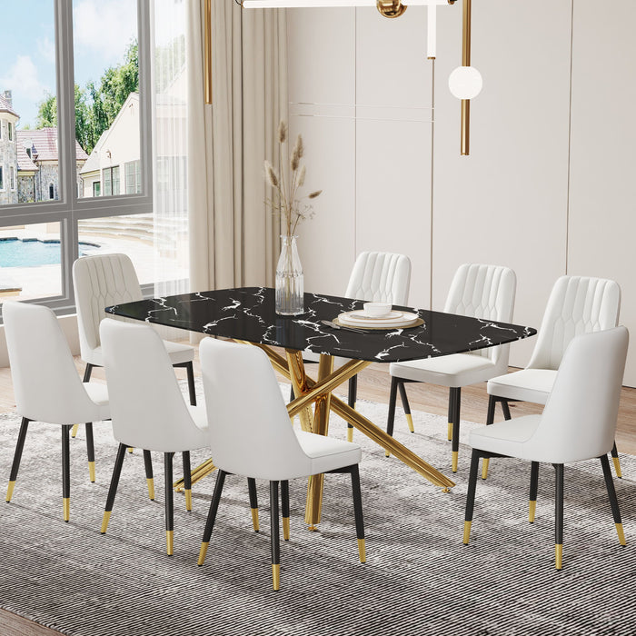 Large Modern Minimalist Rectangular Dining Table With mitation Marble Tabletop And Golden Metal Legs, Paired With Chairs With PU Cushions And Black Metal Legs - Glass / Metal
