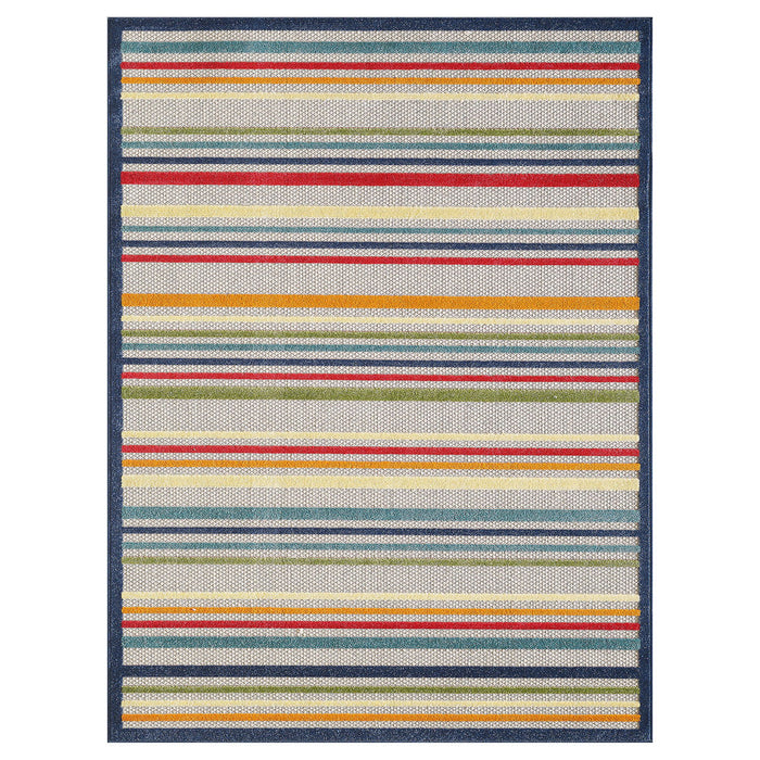 7' X 9' Striped Stain Resistant Indoor / Outdoor Area Rug - Ivory / Blue