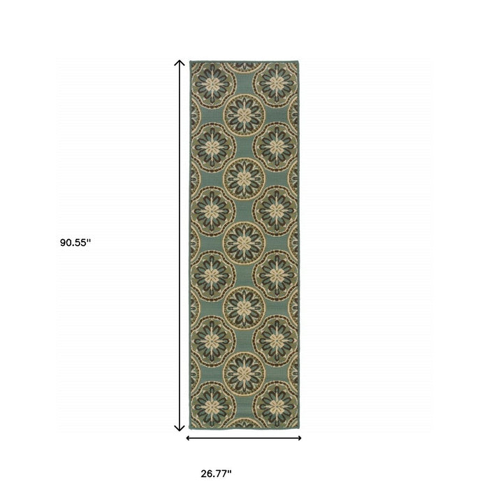 2' X 8' Floral Stain Resistant Indoor & Outdoor Area Rug - Blue / Ivory