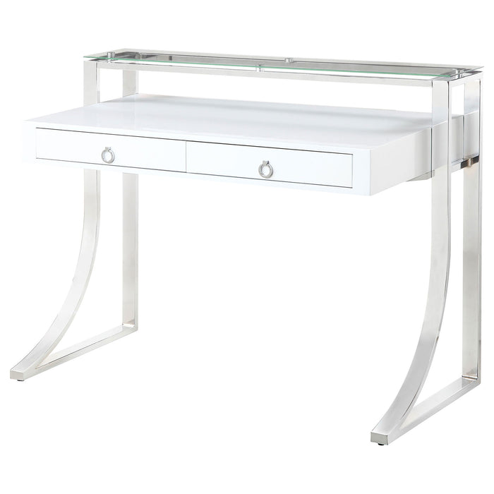 Serrano - 2 Drawer Writing Desk With Polished And Tempered Glass Hutch - Glossy White Furniture Max