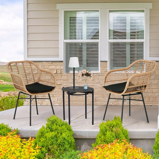 3 Pieces Of Luxury Outdoor Wicker Furniture, Patio Bistro Style Table And Chair Combination, Weather Resistant PE Wicker Weave, Suitable For Garden - Black / Natural Home Essentials