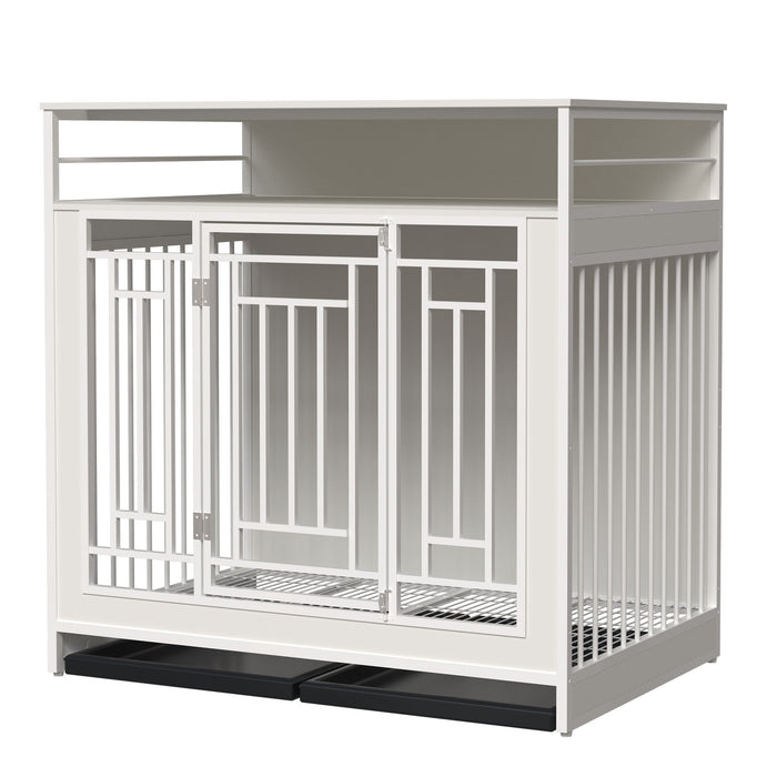 Wooden Dog Crate Furniture With Divider And Storage - White