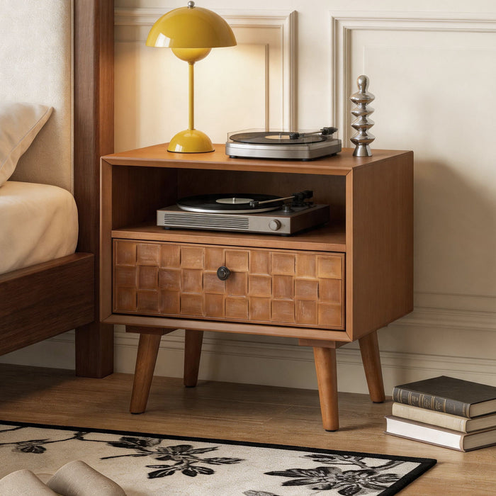 Nightstand With Carved Geometric Drawer Front, 1 Drawer And Open Shelf Home Essentials