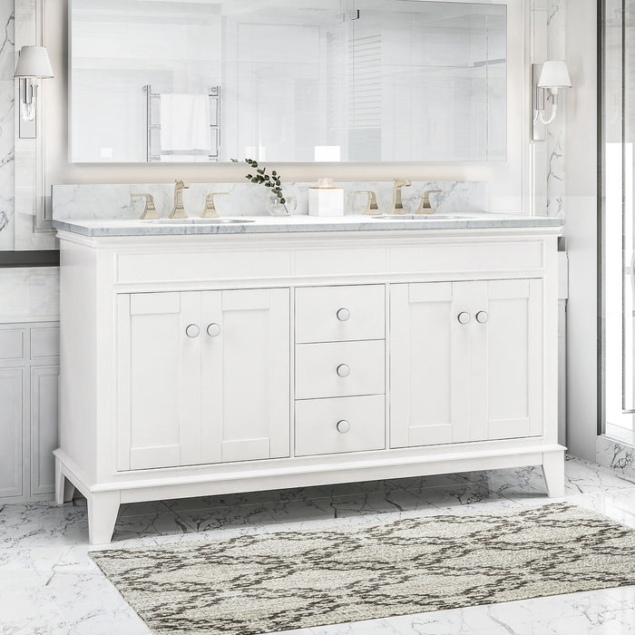 61'' Bathroom Vanity With Marble Top & Double Ceramic Sinks, 3 Drawers, 4 Doors, White