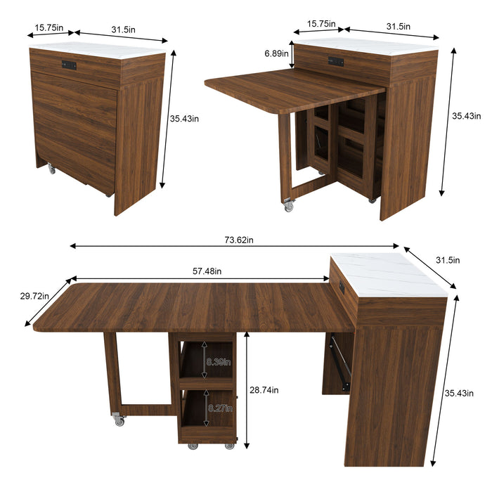 Extendable Dining Table With Power Socket, Lockable Casters, Storage Cabinet Home Essentials