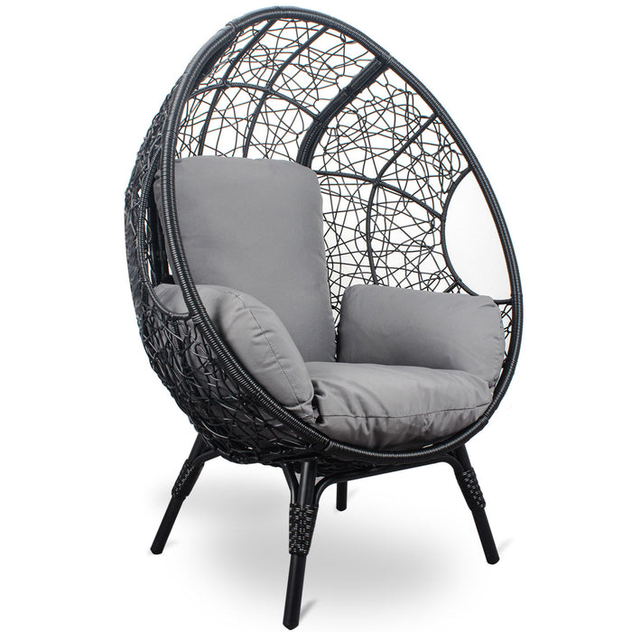 3 Pieces Patio Egg Chairs (Model 3) With Side Table Set, Black Color PE Rattan And Gray Cushion
