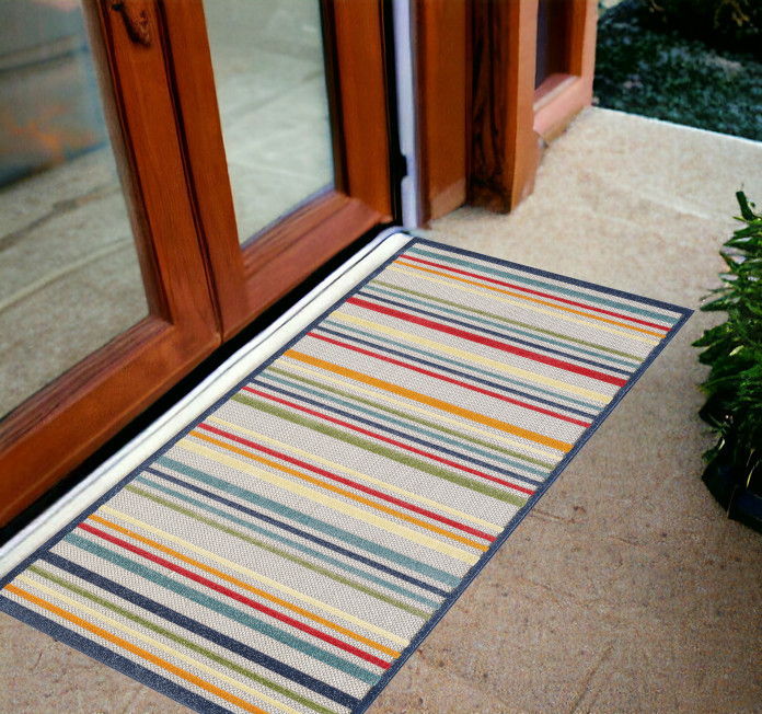 2' X 4' Striped Stain Resistant Outdoor / Indoor Area Rug - Ivory / Blue