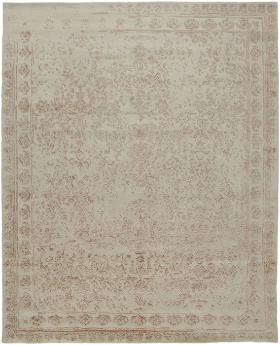 Floral Tufted Handmade Distressed Area Rug - Ivory Tan And Pink Wool - 10' X 14'