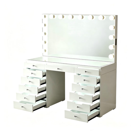 LED Lighted Makeup Vanity Desk With 16 Bulbs Mirror, 13 Drawers Dressing Table For Bedroom - Gloss White Home Essentials
