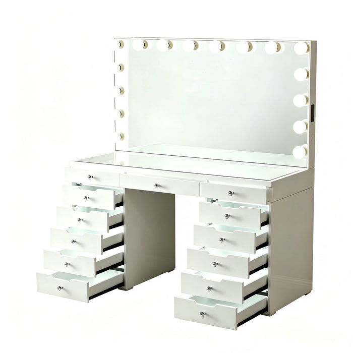 LED Lighted Makeup Vanity Desk With 16 Bulbs Mirror, 13 Drawers Dressing Table For Bedroom - Gloss White Home Essentials
