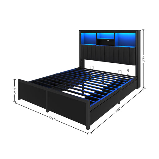 Bed Frame With High Storage Headboard, LED Light And Charging Station, 4 Storage Drawers Home Essentials