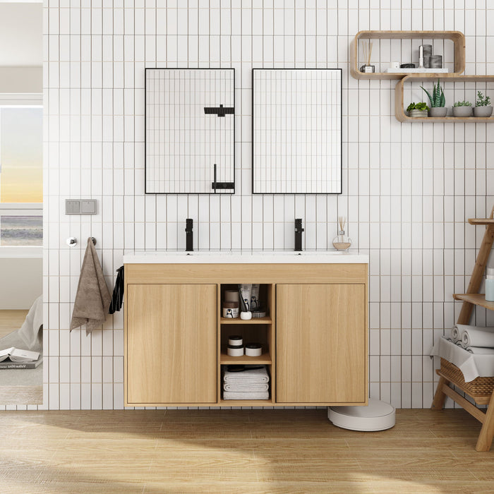 48" Freestanding Bathroom Vanity With Double Sink, 2 Soft Close Doors & 3 Open Shelves - Oak Home Essentials