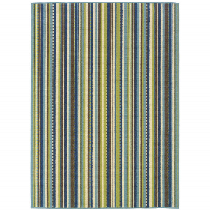 8' X 11' Striped Stain Resistant Indoor / Outdoor Area Rug - Blue / Green