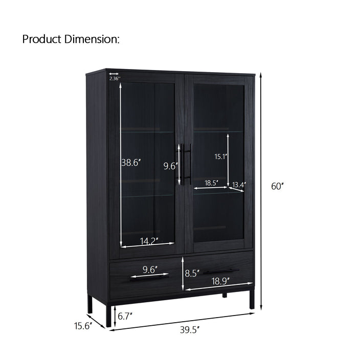 Modern Style Tall Display Cabinet With LED Lighting, Tempered Glass Door, 2 Drawers