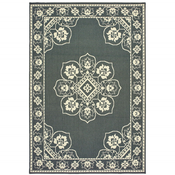 2' X 4' Oriental Stain Resistant Outdoor / Indoor Area Rug - Gray / Ivory