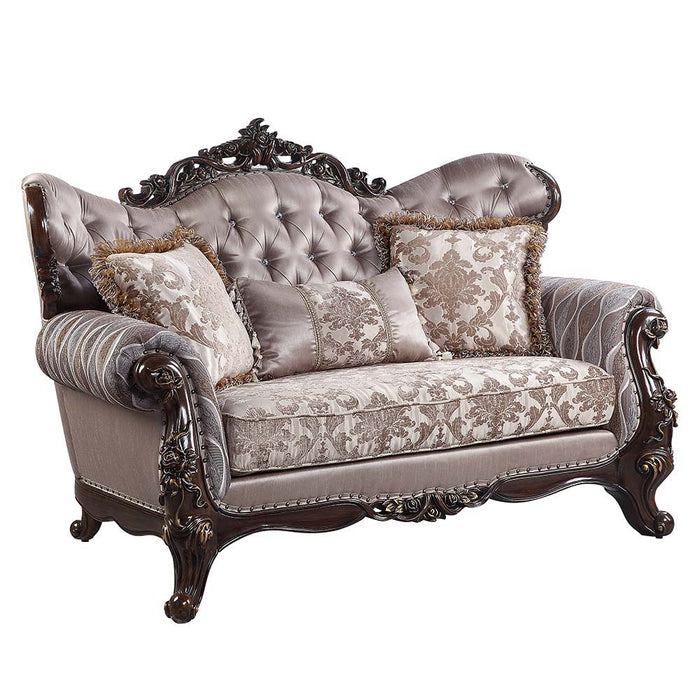 Benbek - Loveseat With 3 Pillows - Fabric & Antique Oak ACME