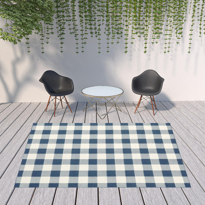 8' X 11' Geometric Stain Resistant Area Rug Indoor & Outdoor - Blue / Ivory