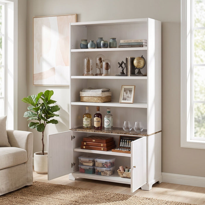Tall Bookcase Storage Cabinet With 3 Open Shelves & Fluted Double Doors Noble House