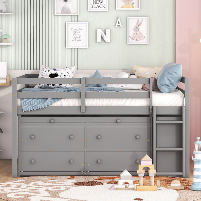 Full Size Loft Bed With Retractable Writing Desk And 4 Drawers, Wooden Loft Bed With Lateral Portable Desk And Shelves - Gray