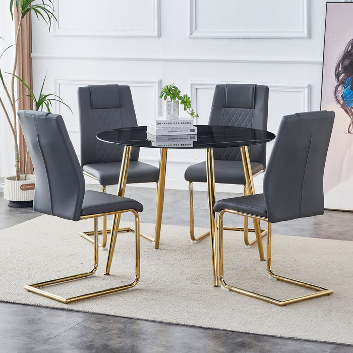 1 Table And 4 Chairs, A Modern Minimalist Circular Dining Table With A 40" Black Imitation Marble Glass Tabletop And Gold - Plated Metal Legs, And 4 Modern Gold - Plated Metal Leg Chairs