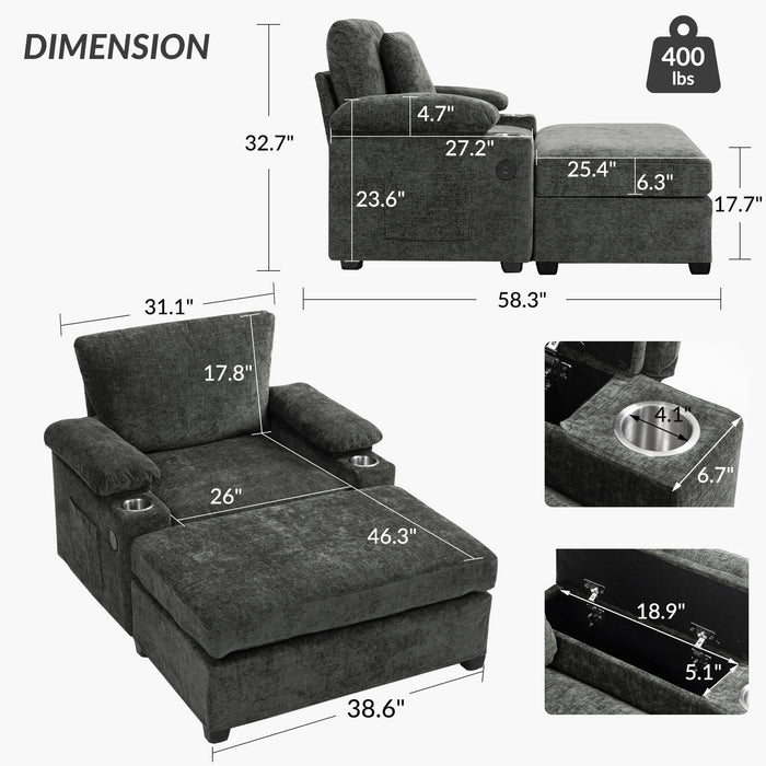 Modern Oversized Chair With Ottoman, Cupholders And USB Charging Ports