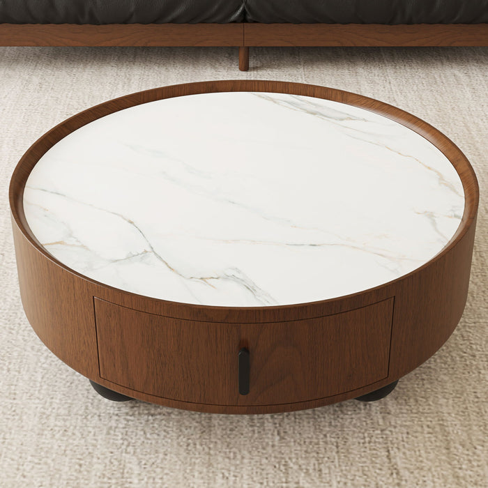 Round Coffee Table With Ball Feet, Pull Handle Storage Drawer - Bouguer Walnut / Brown Home Essentials