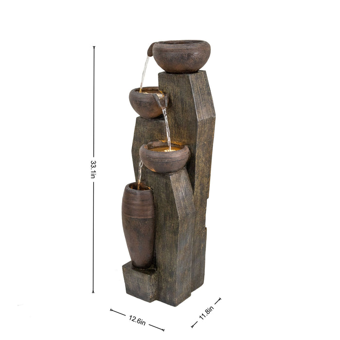 Outdoor Water Fountain, 4 Tier Cascading Bowl With Warm LED Lights For Patio - Brown / Tan Daily Nest